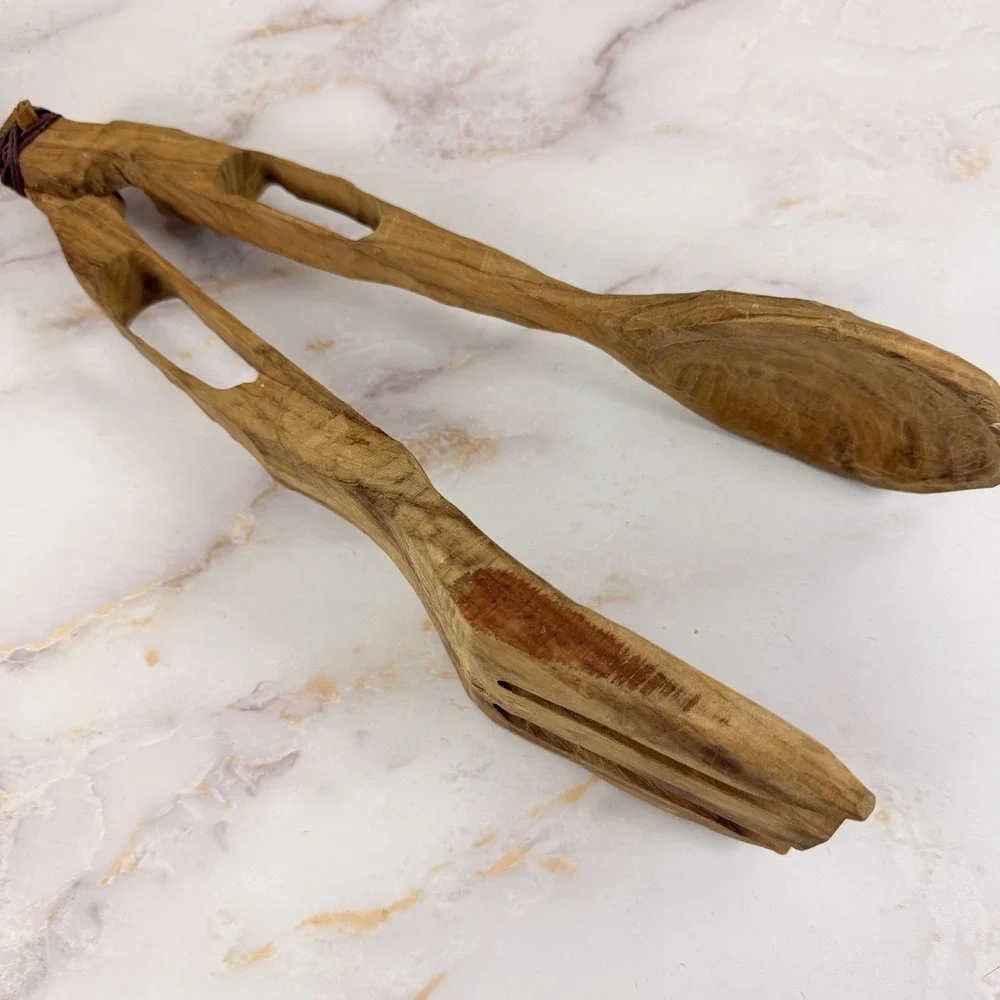 Vintage Olive Wood Salad Tongs Carved Handmade Folk Art Rustic Kitchen Utensils